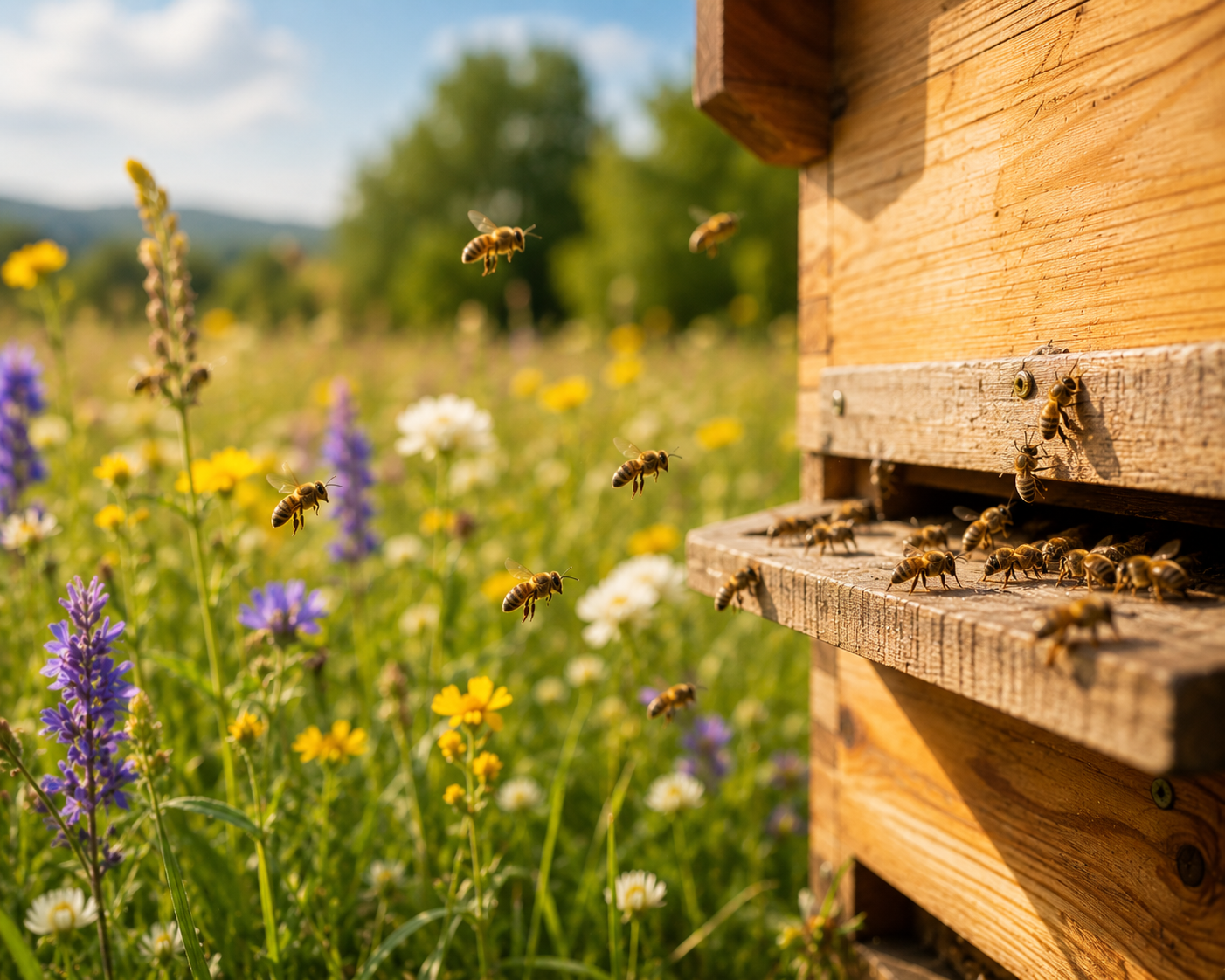 Bienen vor ihrem Bienenstock